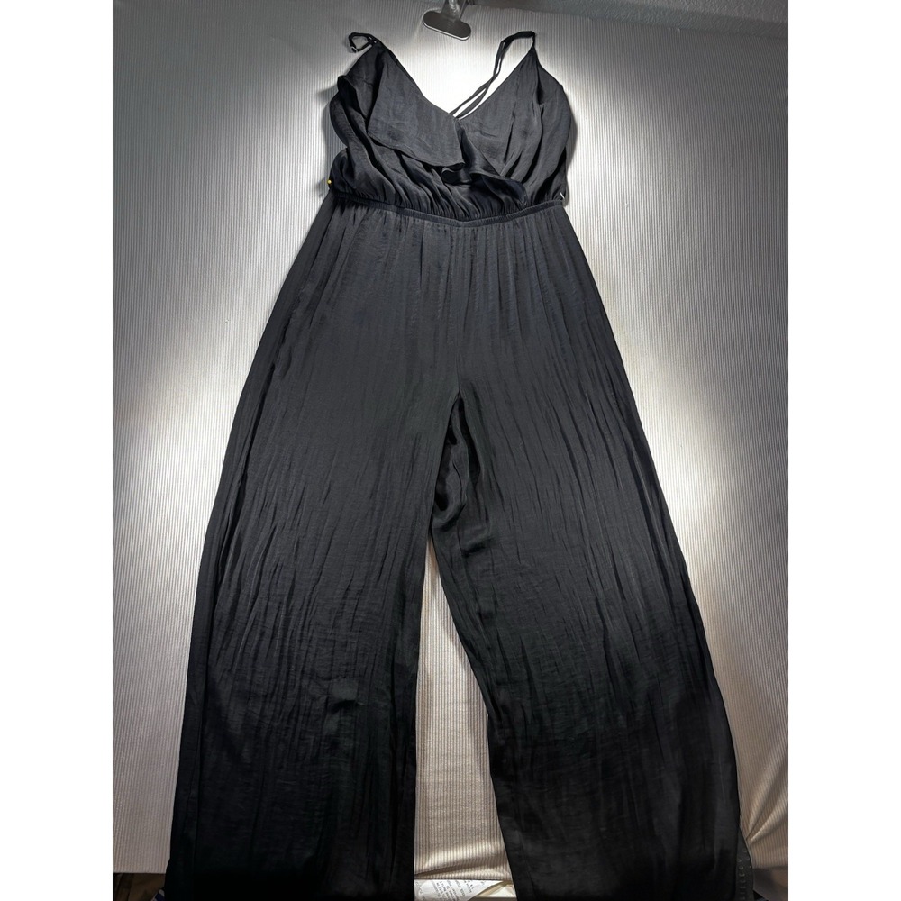 Victoria's Secret Black Silky Wide Leg Jumpsuit, Size M Ruffle V‎ Neckline Sexy